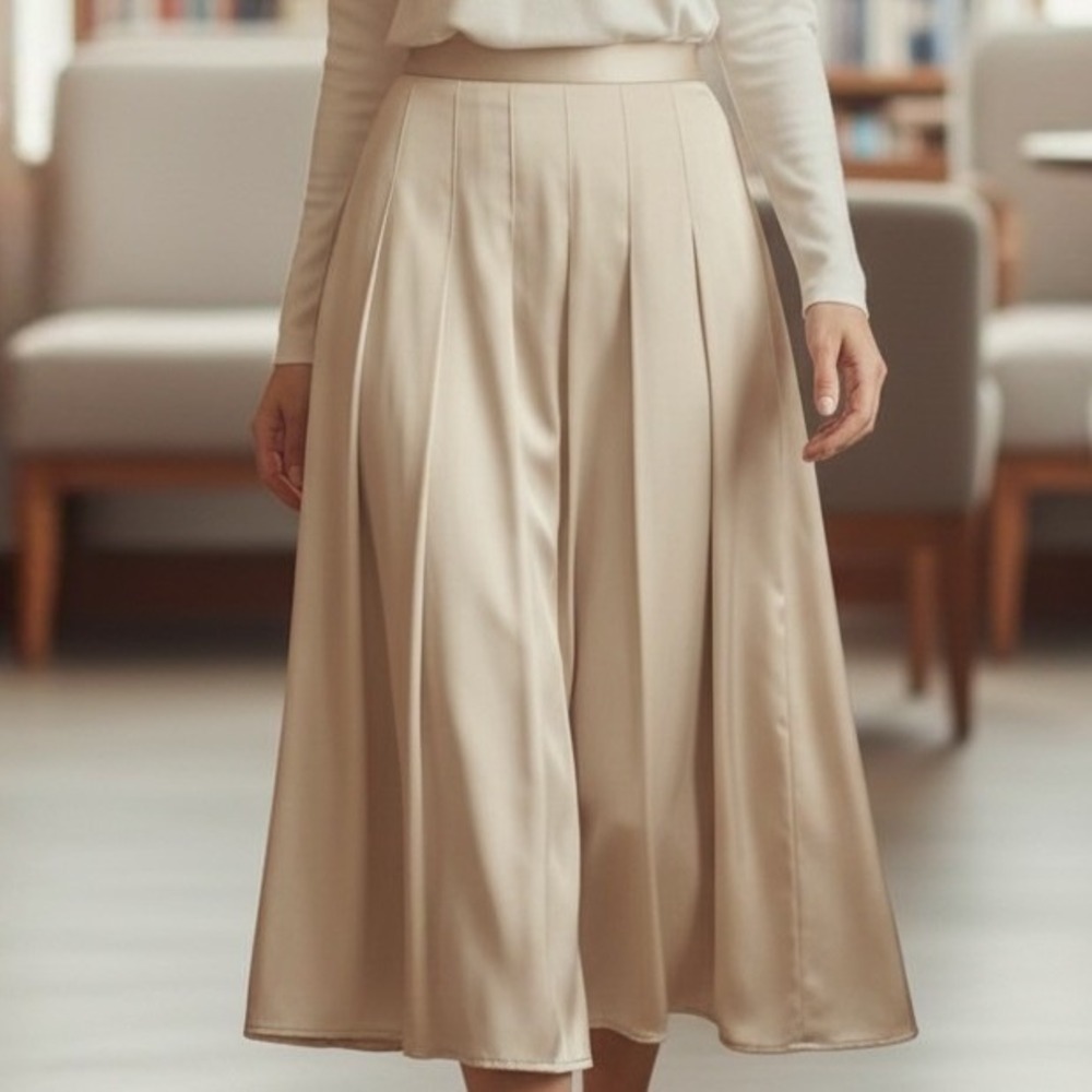 Ann Taylor Skirt 4 Beige Satin Paneled Long A-Line Minimalist Neutral Luxury